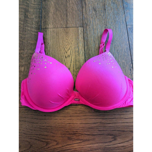 Victorias Secret Womens Sz 34D Plunge Bra Bright Pink w/ Gold Sdequins