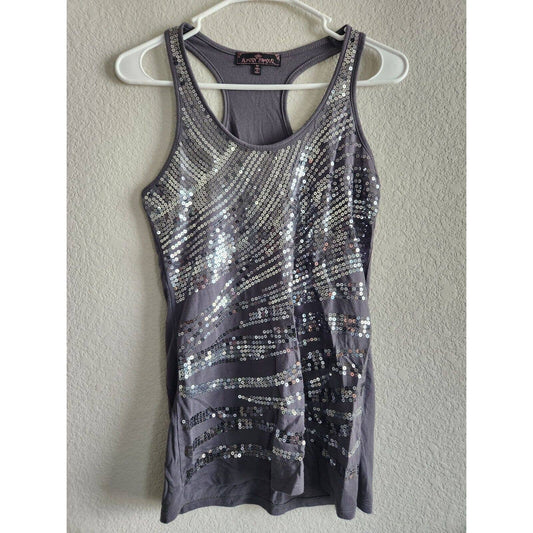 Almost Famous Womens Sz M Tunic Length Tank Top Gray Silver Sequin