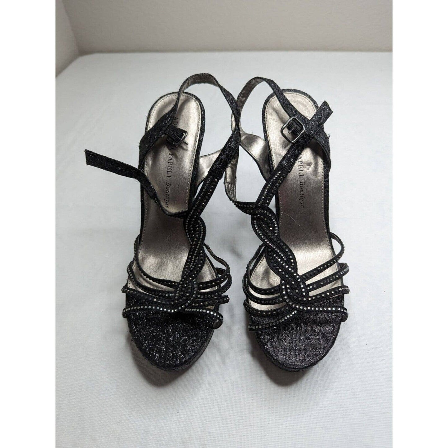 Adrianna Papell Boutique Womens Sz 10 Strappy Black Silver Rhinestone Heels