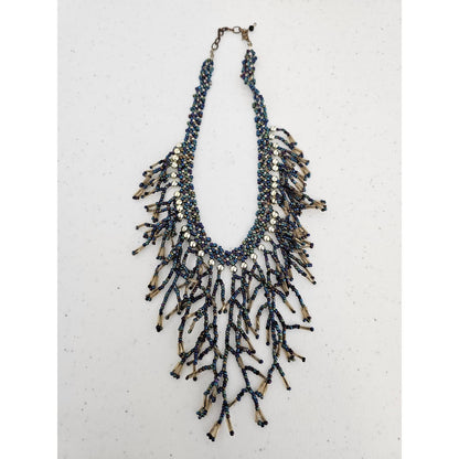 Vintage Seed Bead Fringe Statement Piece Necklace Metallic Beads  Estate