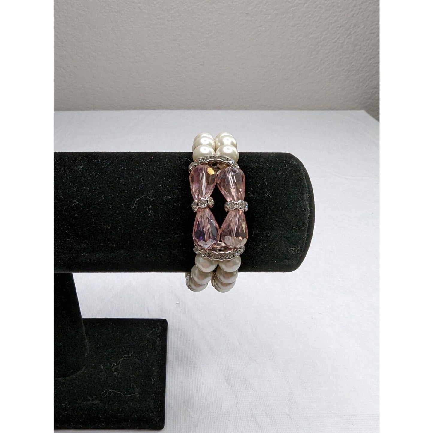 Vintage 1990s 2 Strand Beaded Bracelet Faux Pearl and Pink Stones