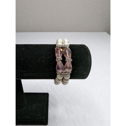 Vintage 1990s 2 Strand Beaded Bracelet Faux Pearl and Pink Stones