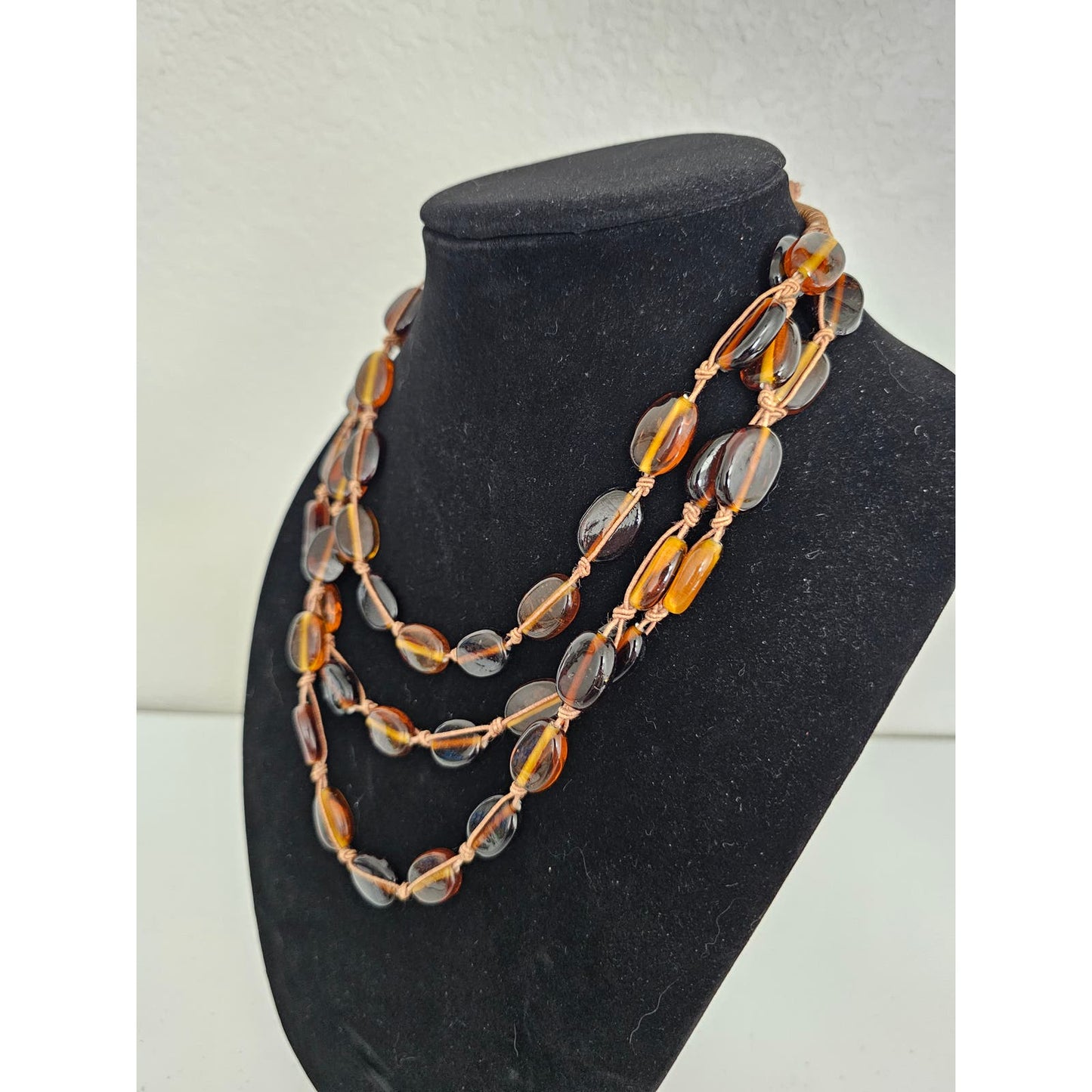 Vintage Mid Century Multi Strand Amber Glass Beaded Necklace Boho