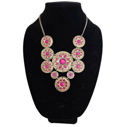 Vinatge Mid Century Medallion Bib Style Necklace Gold and Pink