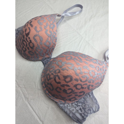 Vintage Y2K Womens Sz 38C Gray and Pink Lace Leopard Print Push Up Bra