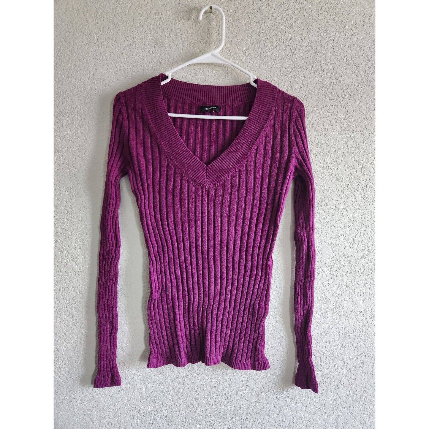 Vintage Y2K Express Womens Sz L V Neck Sweater Ribbed Purple Fitted