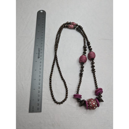 Vintage Y2K Chunky Long Single Strand Beaded Necklace Pink Gray Silver