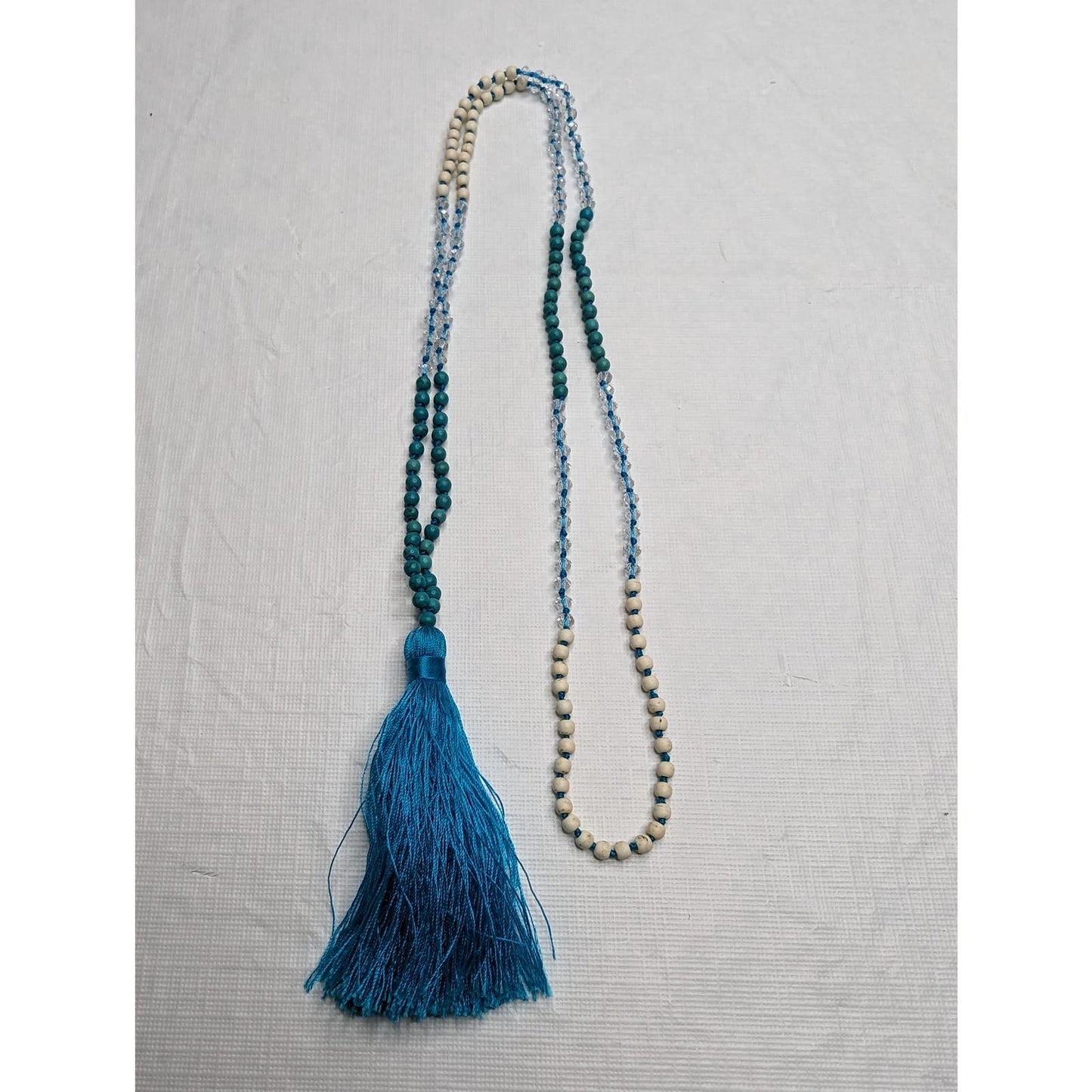 Vintage Turquoise Blue Tassel Single Strand Glass Beaded Boho Necklace