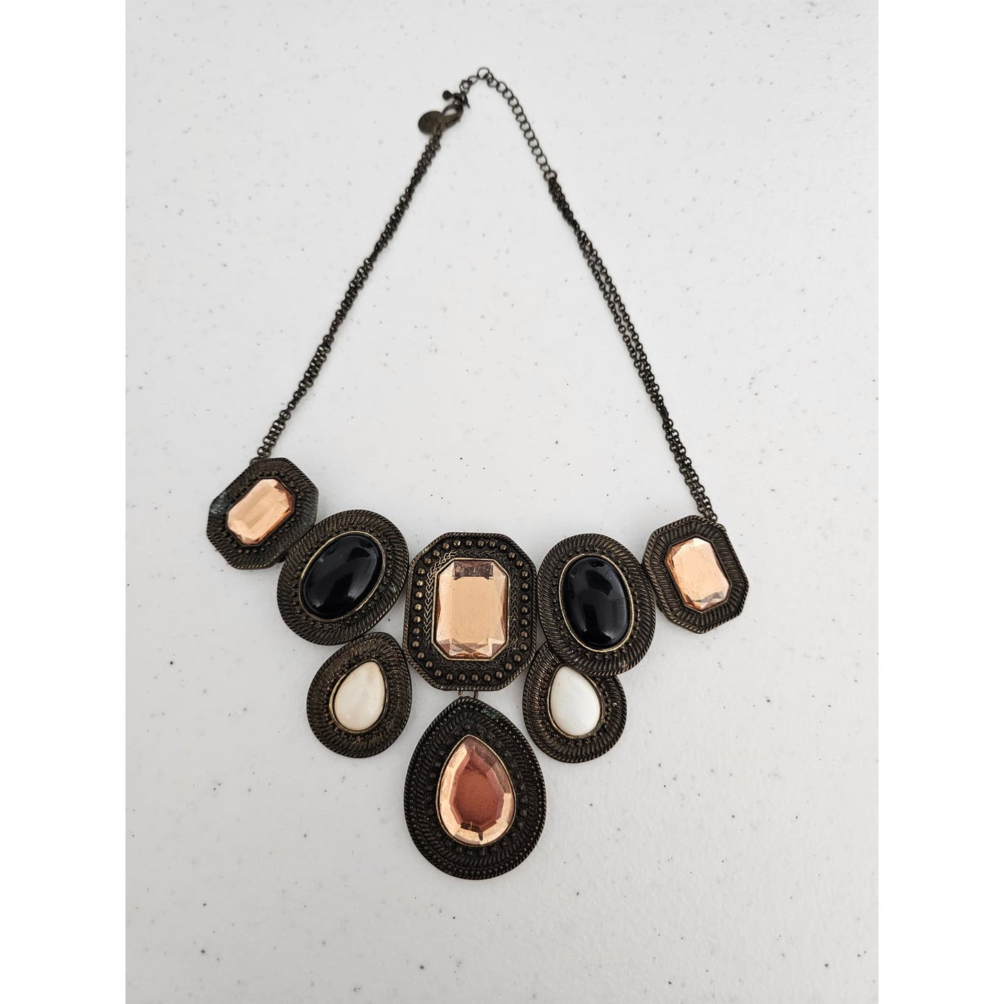 Vintage Mid Century Bib Style Inlay Stone and Bronze Necklace