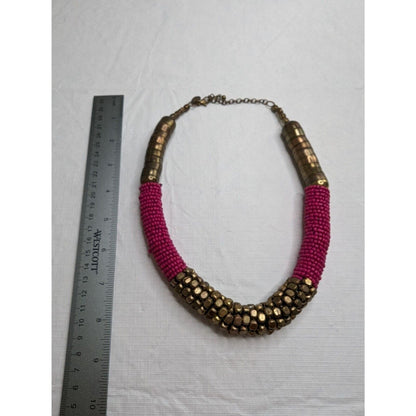 Vintage 1970s Statement Necklace Bright Pink and Gold Beaded