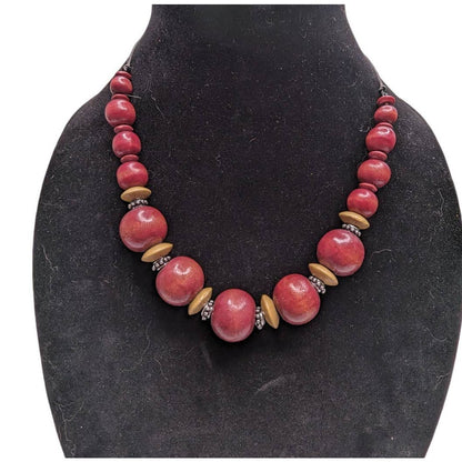 Vintage 1990s Graduated Round Wooden Beaded necklace Red Beige