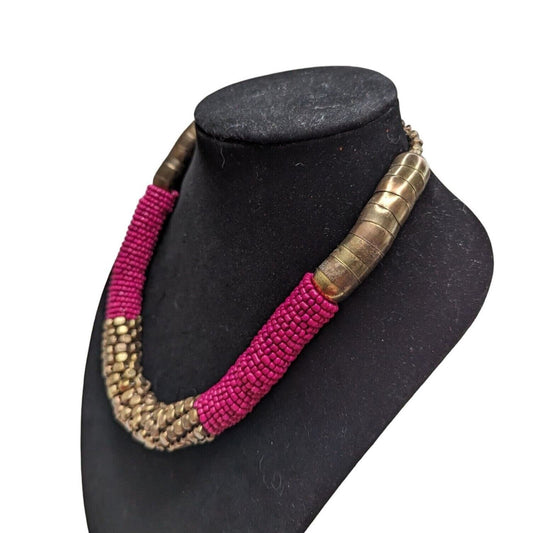 Vintage 1970s Statement Necklace Bright Pink and Gold Beaded