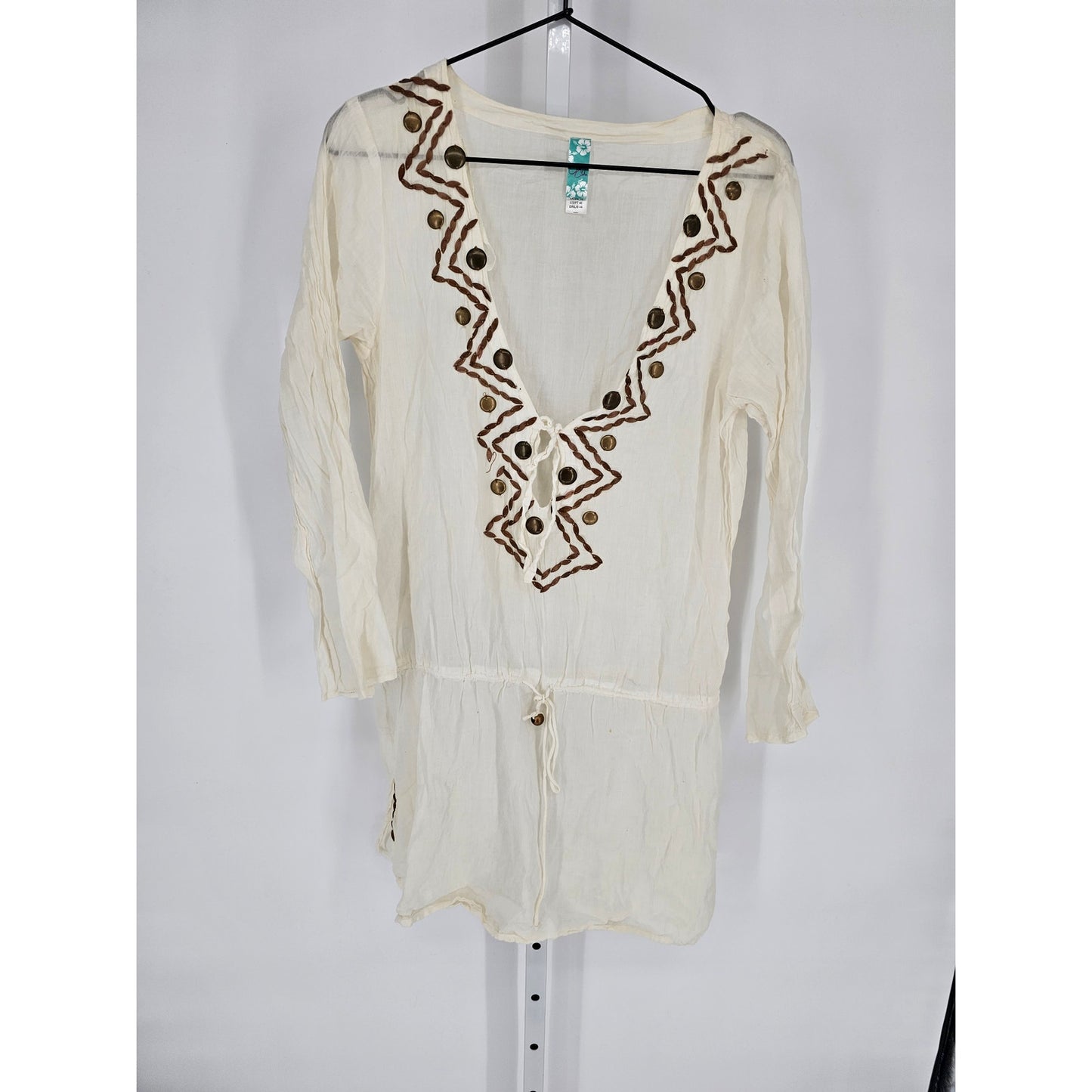 Ocean Club Womens Sz M Swimsuit Cover Up Cream Brown Embroidered Deep V