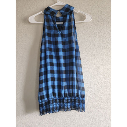 Heart Soul Womens Sz L Blue and Black Buffalo Plaid Tunic Top Ruffled