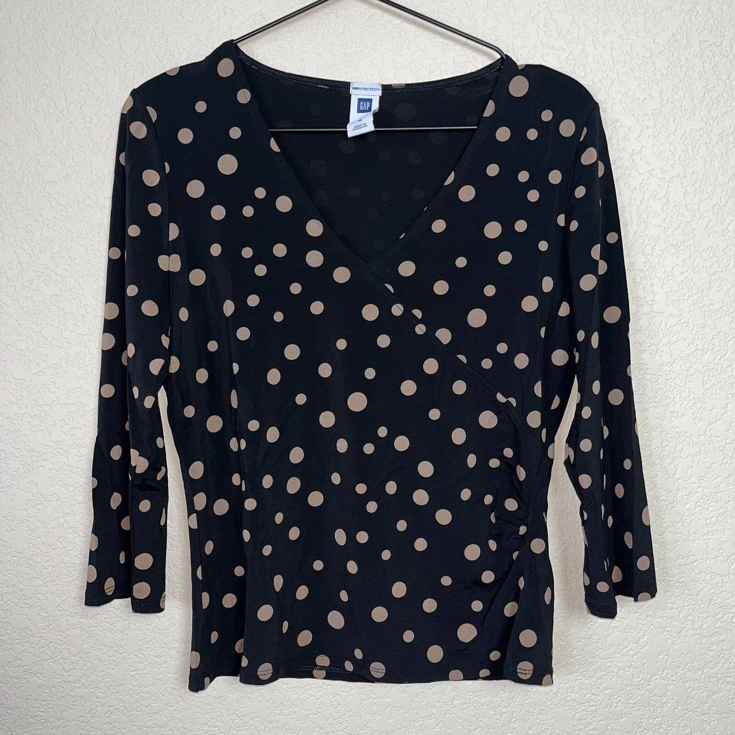 GAP Womens Sz M Black and Beige Polka Dot V Neck Faux Wrap Blouse