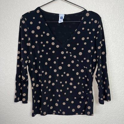 GAP Womens Sz M Black and Beige Polka Dot V Neck Faux Wrap Blouse