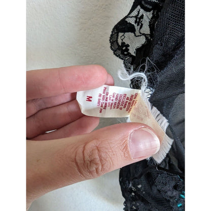 Vintage E Bole Womens Sz M Black Lace Thong Teddy Nightie Green Ribbon