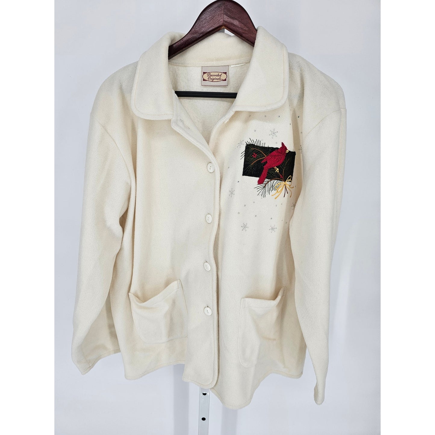 Decorated Originals Womens Sz 1X Fleece Jacket Cream Cardinal Bird Embellished