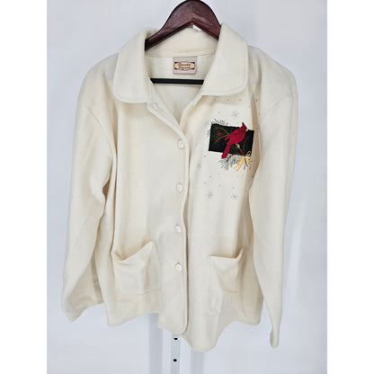 Decorated Originals Womens Sz 1X Fleece Jacket Cream Cardinal Bird Embellished