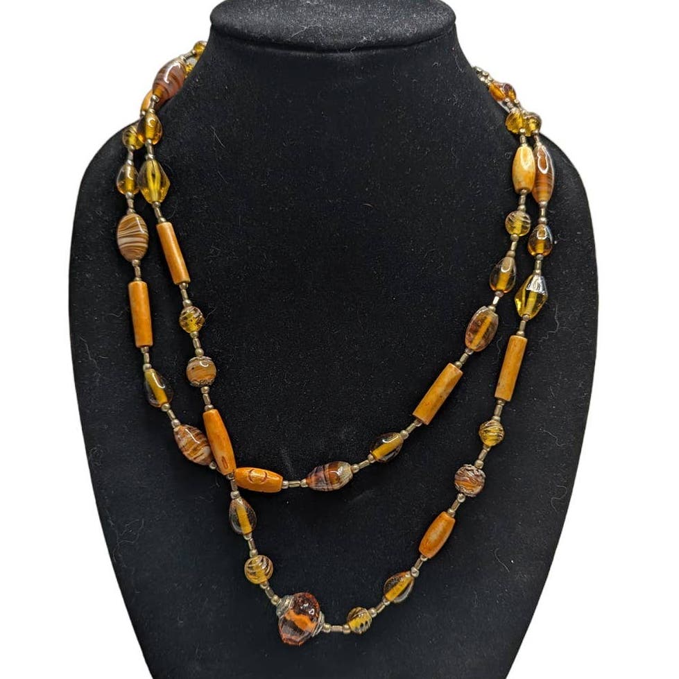 Vintage Mid Century 2 Strand Glass Beaded Necklace Yellow Orange Gold