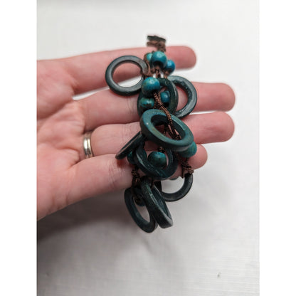 Vintage 1970s Teal Wooden BEaded Tiered Chunky Bracelet Brown String
