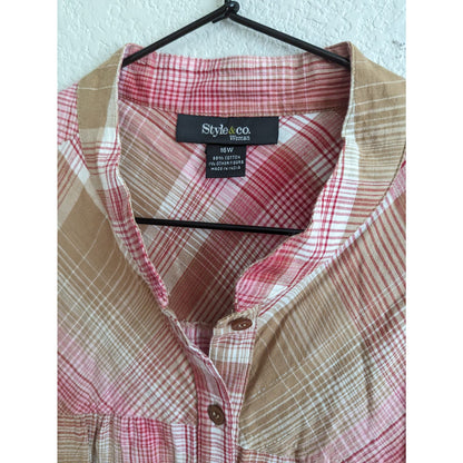 Style & Co Womens Sz 16W Short Sleeve Button Down Shirt Pink Tan Plaid