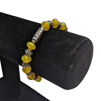 Vintage 1990s Single Strand Beaded Necklace Yellow Glass Beads Silver Metal