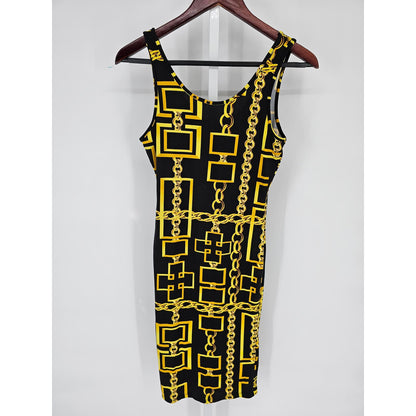 Absolutely It Womens Sz S Knee Length Fitted Dress Black Gold Chain Print