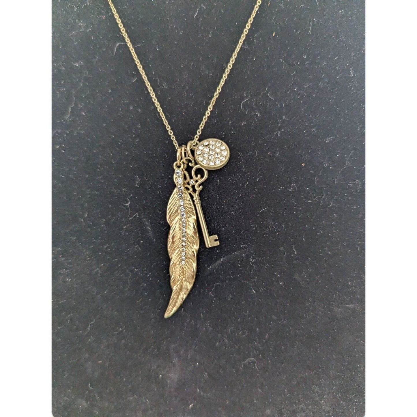 The Limited Womens Gold Tone Chain Necklace Feather Key Rhinestone