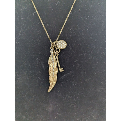 The Limited Womens Gold Tone Chain Necklace Feather Key Rhinestone