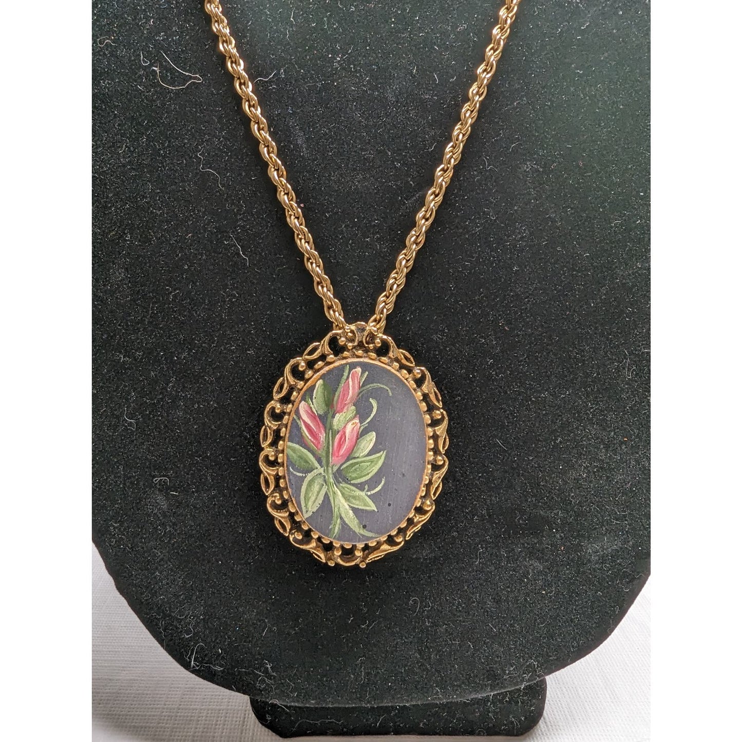 Vintage Gold Toned Floral Painted Pendant Brooch Cameo Necklace