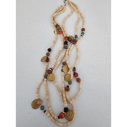 Vintage Mid Century Multi Strand Boho Style Necklace Cream w/ Gold Coin Charms