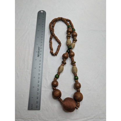 Vintage Mid Century Graduated Single Strand Beaded Necklace Wooden Brown Green