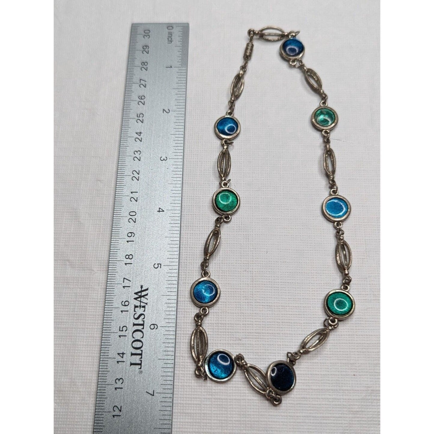 Vintage Y2K Silvertone Chain Necklace Blue Green Round Stones