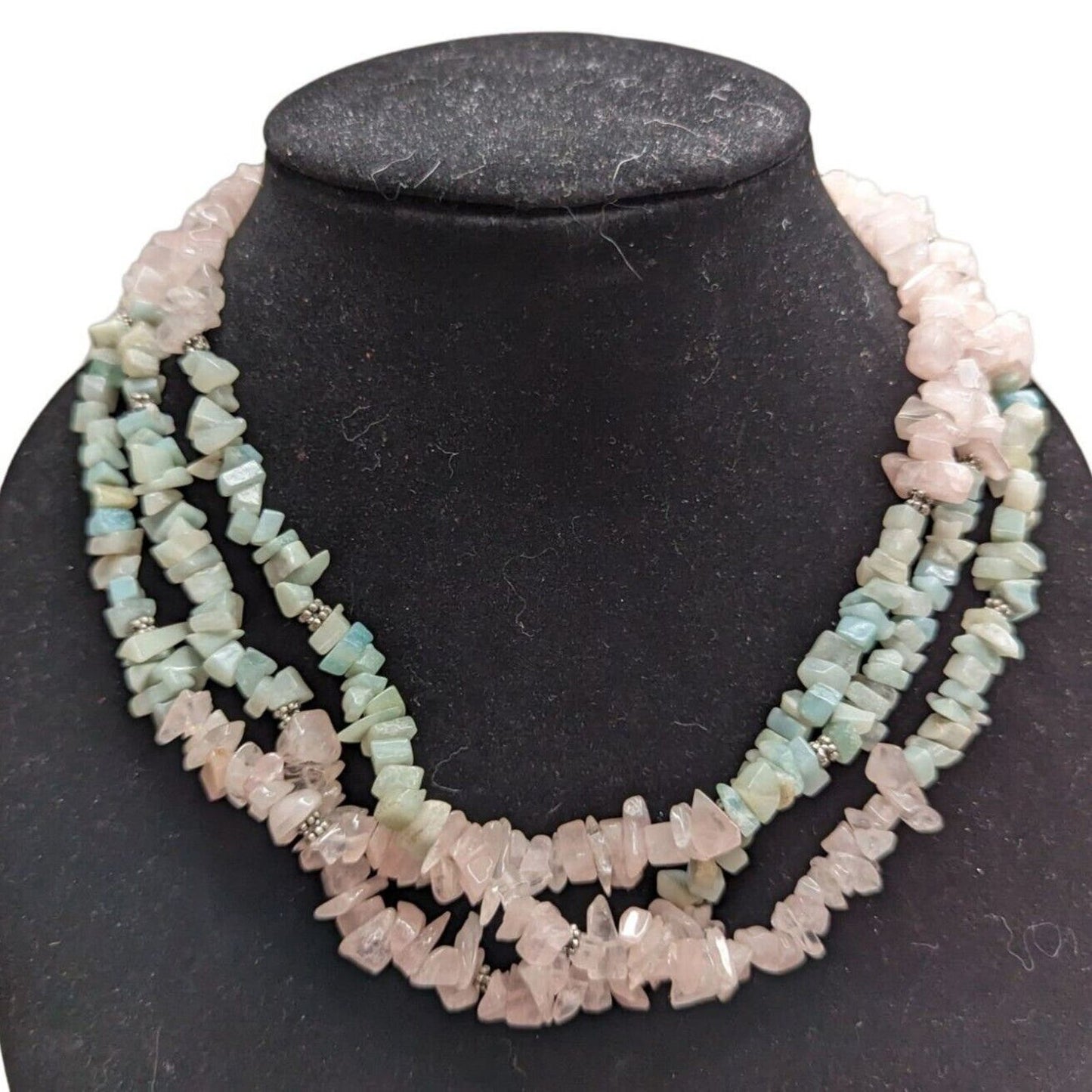 Vintage Multi Strand Natural Stone Beaded Necklace Light Pink and Blue