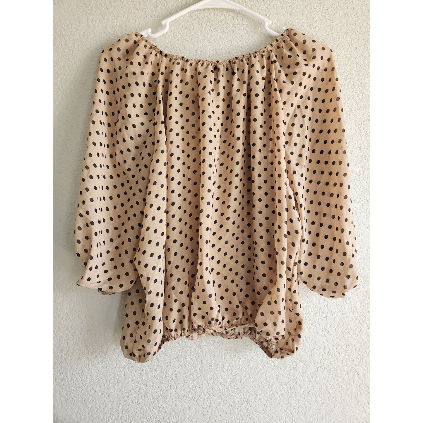 Vintage Y2K Vibe Sportswear Womens Sz M Blouson Blouse Beige Brown Polka Dot