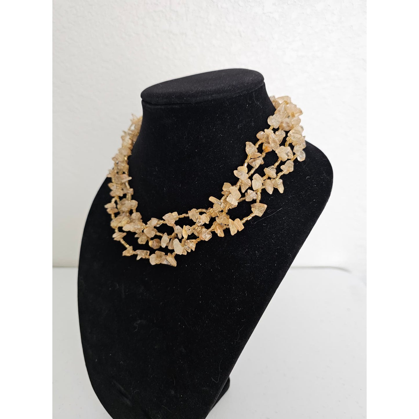 Vintage Mid Century Multi Strand Chip Stone Necklace Light Amber